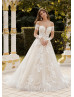 Long Sleeves Ivory Floral Lace Glitter Tulle Glamorous Wedding Dress